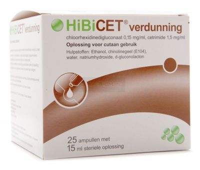 HiBiCET verdunning 25 x 15 ml, steriel en gebruiksklaar ontsmettingsmiddel
