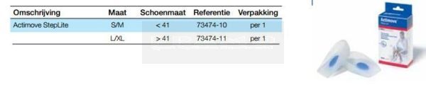 Actimove StepLite anatomisch voorgevormde hielspoorkussens maattabel