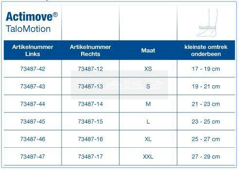 Actimove TaloMotion enkelbrace, anatomisch gevormde enkelbandage maattabel