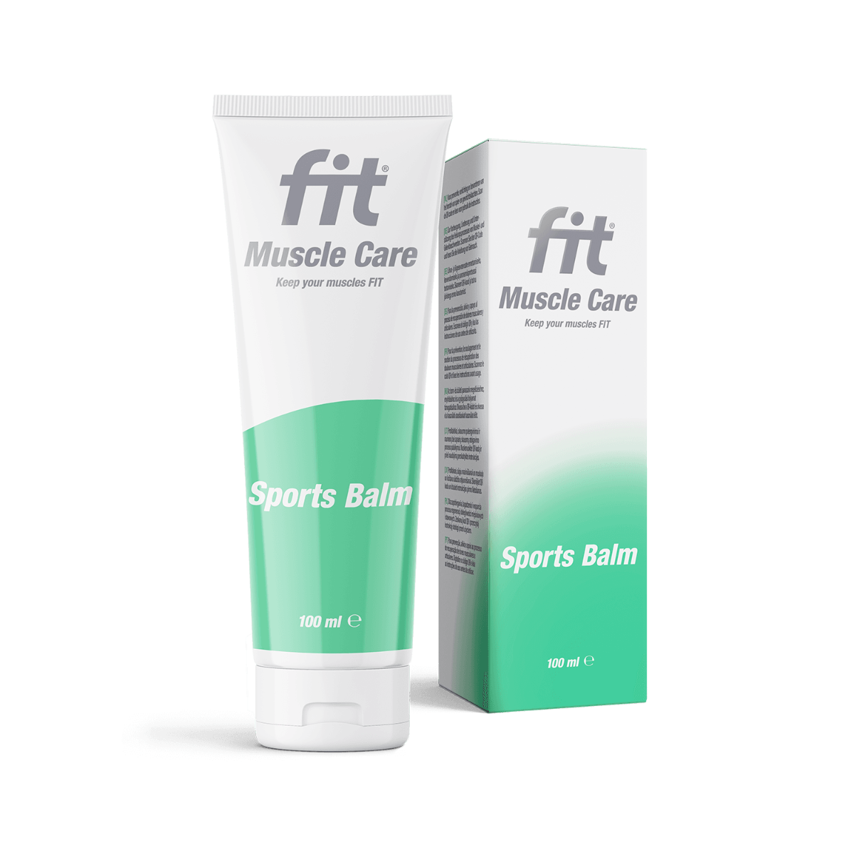 FIT Sportbalsem 100 ml groene knijptube met flip-topdop naast de bijbehorende verpakking