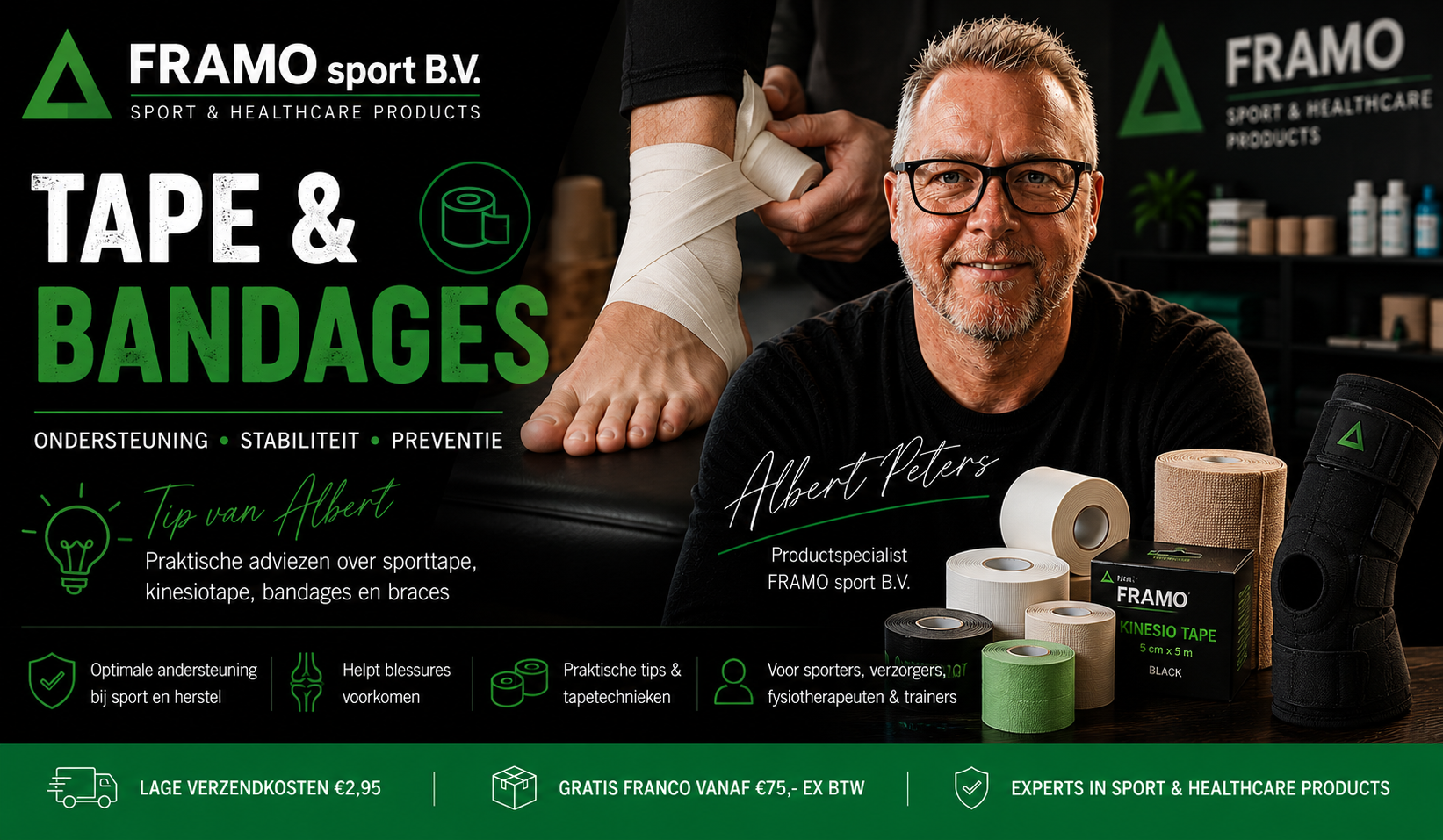 Tape en bandages kennisbank met praktische adviezen over sporttape, kinesiotape, bandages en ondersteuning van FRAMO sport B.V.